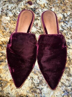 MADEWELL Gemma Mules Pinot Noir Burgundy Velvet Deep Wine Tan Leather Flats 9.5